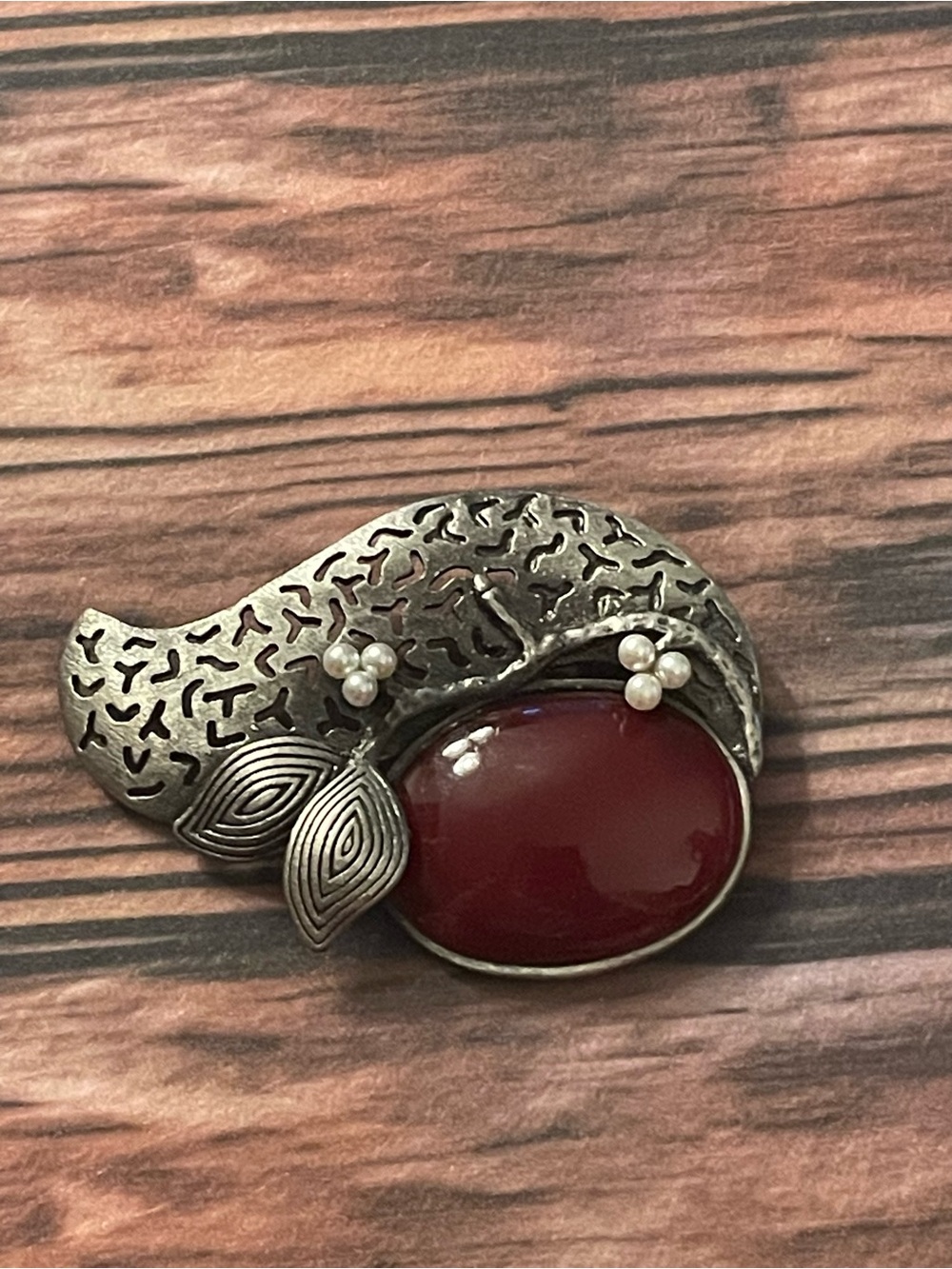 Silver-Tone Brooch with Deep Red Stone and Pearl Accents